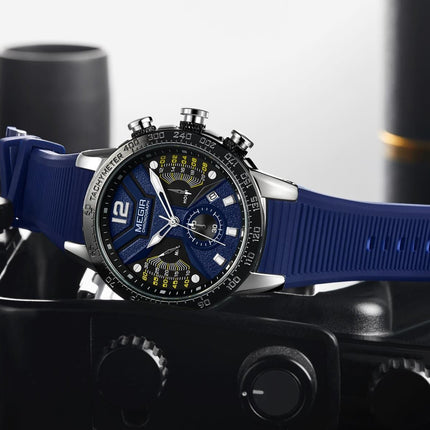 MEGIR Men's Racer I Chronograph Date 48mm Silver / Blue Silicone Strap Watch