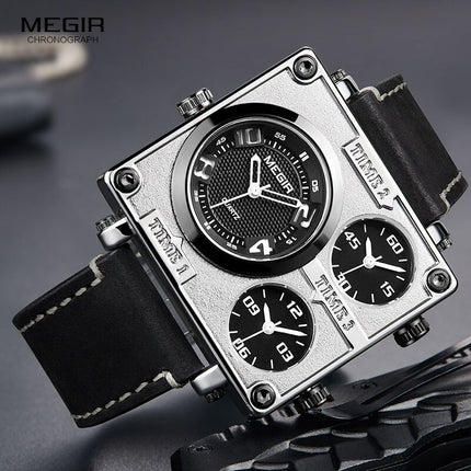 MEGIR Men's Pilot Big Tick Triple Time Zone 48mm Silver / Black Leather Watch