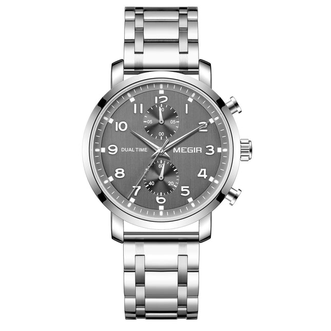 MEGIR Men's Dual Time Chronograph Date 42mm Silver / Grey Stainless Steel Bracelet Watch