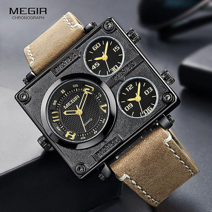 MEGIR Men's Pilot Big Tick Triple Time Zone 48mm Ionic Black / Brown Leather Watch