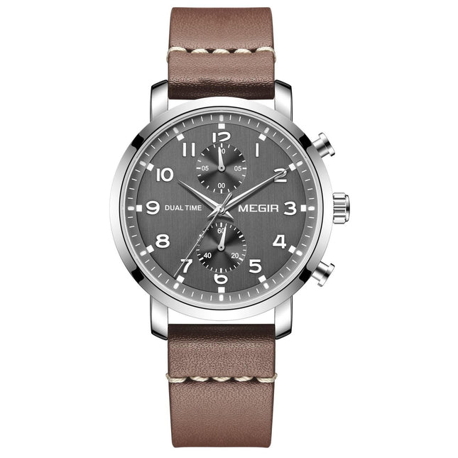 MEGIR Men's Dual Time Chronograph Date 42mm Silver / Leather Watch