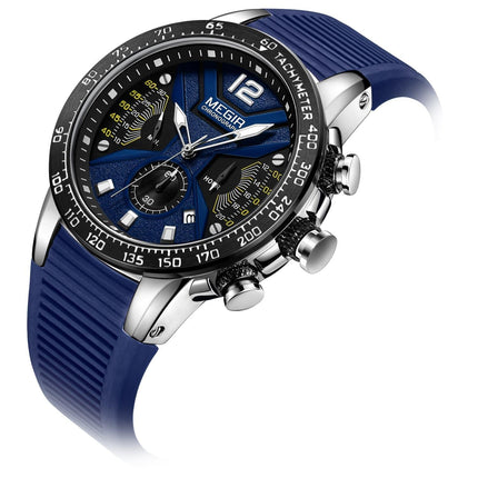 MEGIR Men's Racer I Chronograph Date 48mm Silver / Blue Silicone Strap Watch