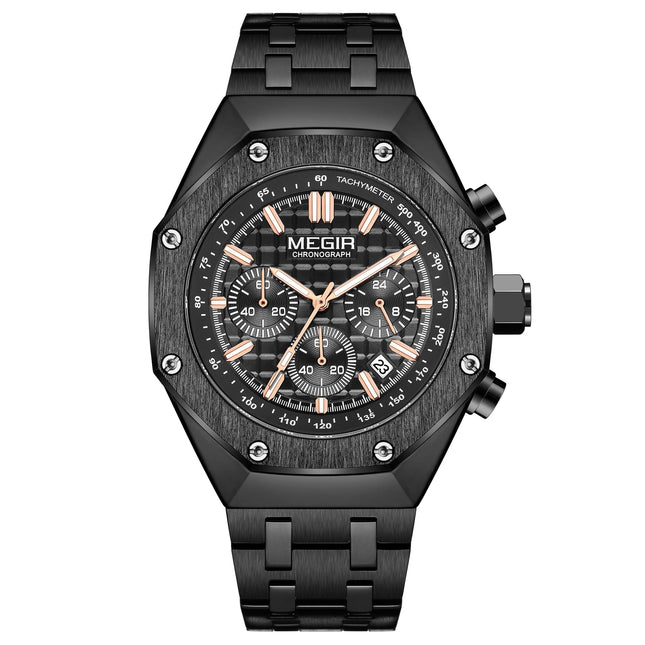 MEGIR Men's Royale Chronograph Ionic Black / Stainless Steel Bracelet Watch