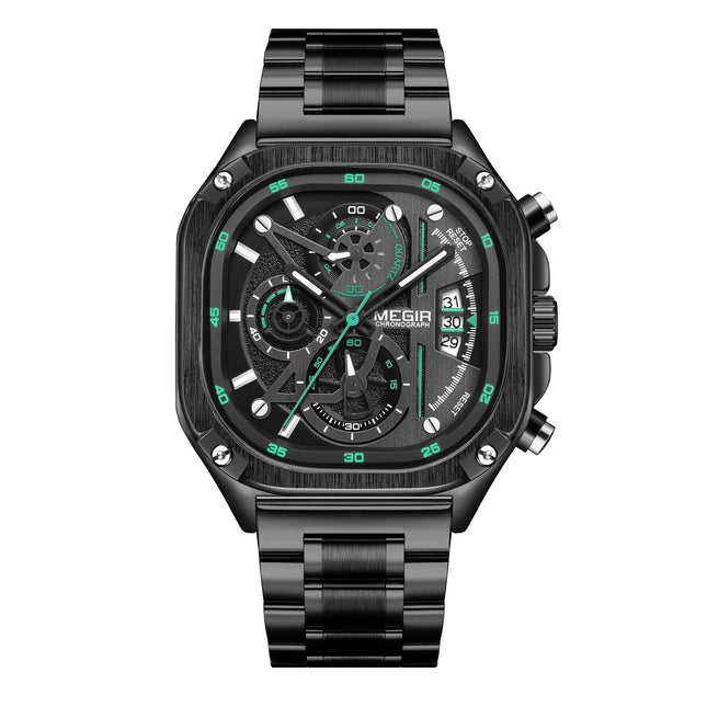MEGIR Men's SQUARE-X Chronograph Ionic Black / Green Watch