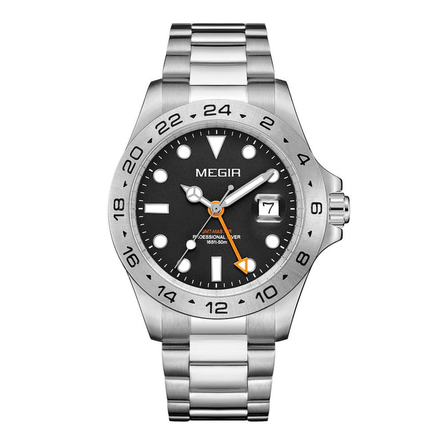 MEGIR ELITE Men's GMT Date 43mm Stainless Steel Silver / Black Oyster Bracelet Watch
