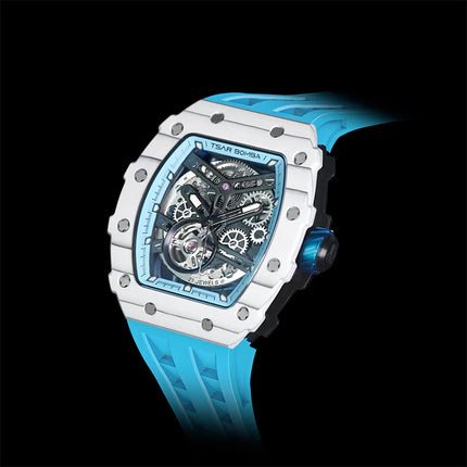 TSAR BOMBA Carbon Fiber Men's Automatic Watch TB8208CFN Striated White / Baby Blue