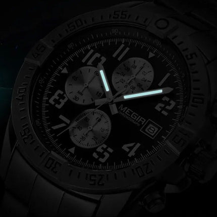 MEGIR Men's Avenger Chronograph Date 45mm Stainless Steel Bracelet Watch Black Ionic