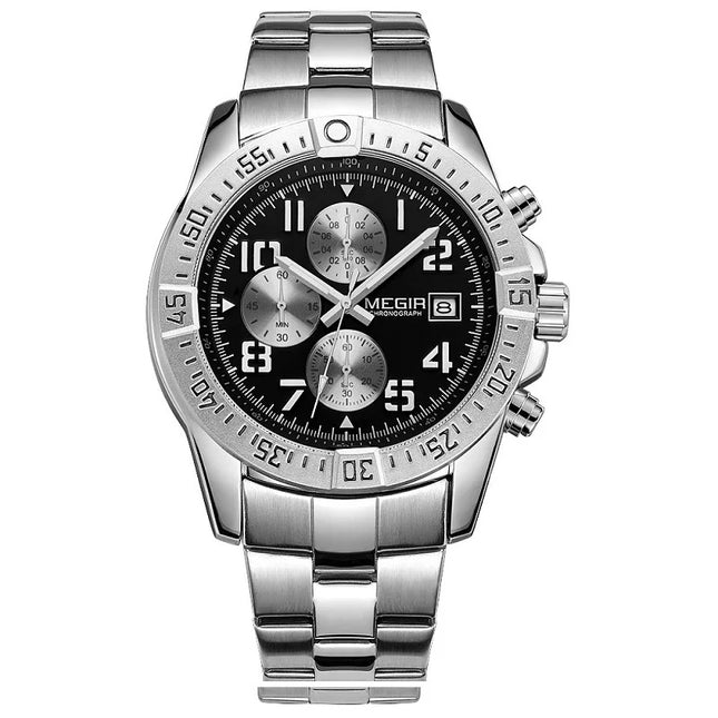 MEGIR Men's Avenger Chronograph Date 45mm Stainless Steel Bracelet Watch Silver / Black
