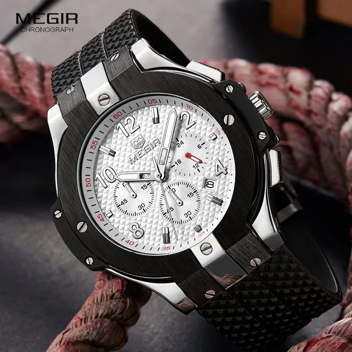 MEGIR Men's Night Dweller Chronograph Date 48mm Silicone Strap Watch Silver / Black