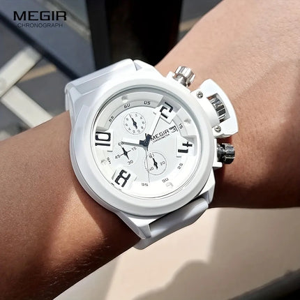 MEGIR Men's Submarine Chronograph Date 50mm Silicone Strap Watch White
