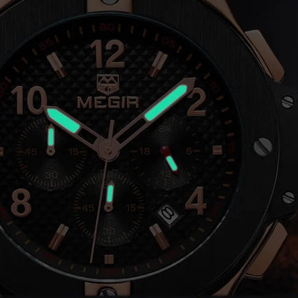 MEGIR Men's Night Dweller Chronograph Date 48mm Silicone Strap Watch Rose Gold / Black
