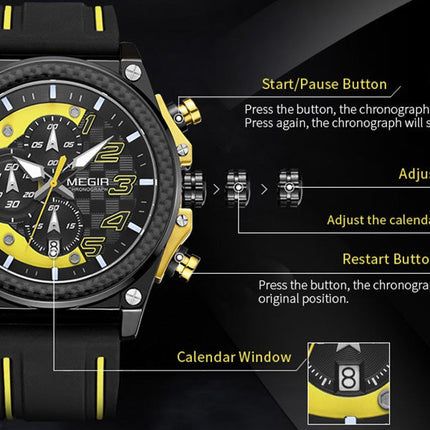 MEGIR Men's Racer Chronograph Date 45mm Black / Gold / Yellow Silicone Strap Watch