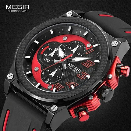MEGIR Men's Racer Chronograph Date 45mm Black / Red / Red Silicone Strap Watch