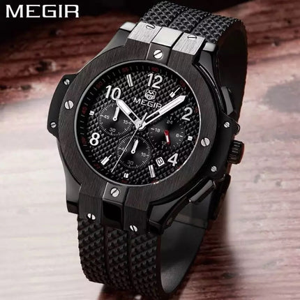 MEGIR Men's Night Dweller Chronograph Date 48mm Silicone Strap Watch Black / Black