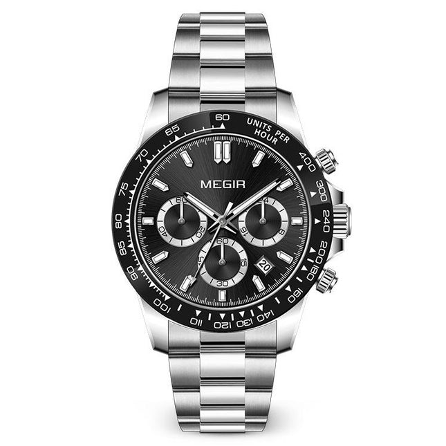 MEGIR Men's Speedster Chronograph Date 43mm Stainless Steel Silver / Black Oyster Bracelet Watch