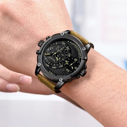 MEGIR Men's Giant Chronograph Dual Time 48mm Ionic Black / Brown Leather Watch