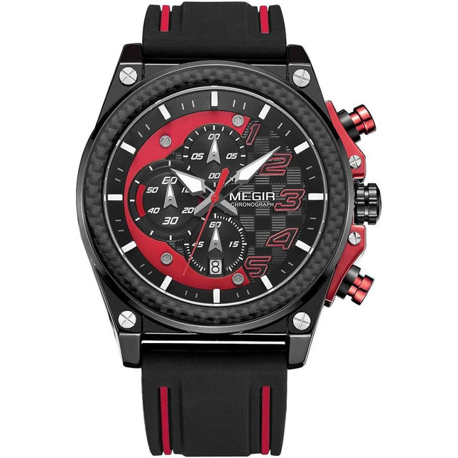 MEGIR Men's Racer Chronograph Date 45mm Black / Red / Red Silicone Strap Watch