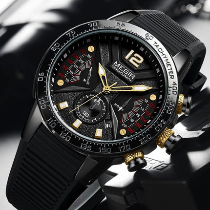 MEGIR Men's Racer I Chronograph Date 48mm Black / Gold Trim Silicone Strap Watch