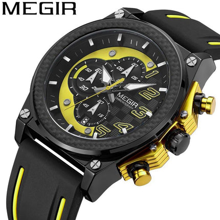 MEGIR Men's Racer Chronograph Date 45mm Black / Gold / Yellow Silicone Strap Watch