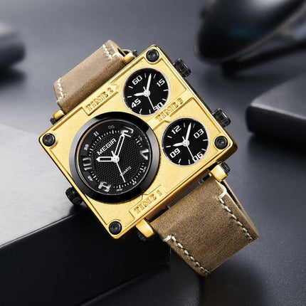 MEGIR Men's Pilot Big Tick Triple Time Zone 48mm Gold / Brown Leather Watch