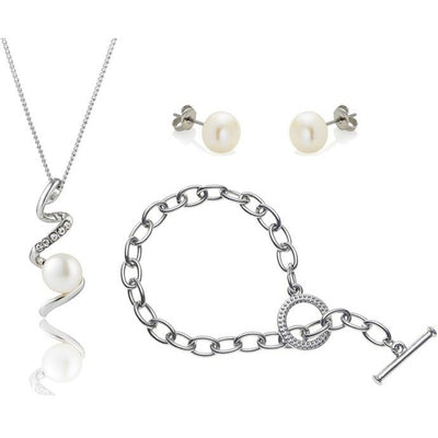 BRITISH JEWELLERS Freshwater Pearl Devotion Set with Tiffany-Style Bracelet