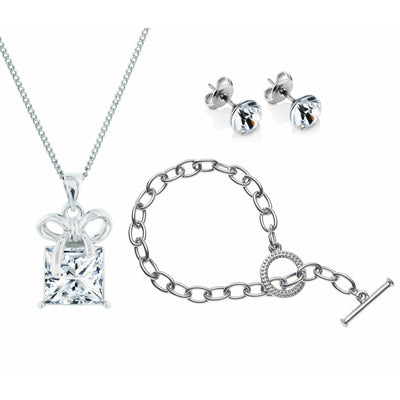 BRITISH JEWELLERS Gift Box Pendant, Princess Studs & Tiffany Style Bracelet