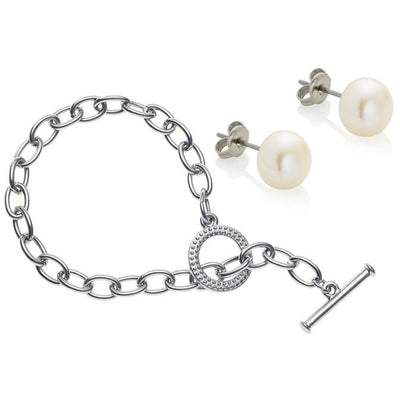 BRITISH JEWELLERS Tiffany-Style Bracelet and Freshwater Pearl Stud Earrings Set