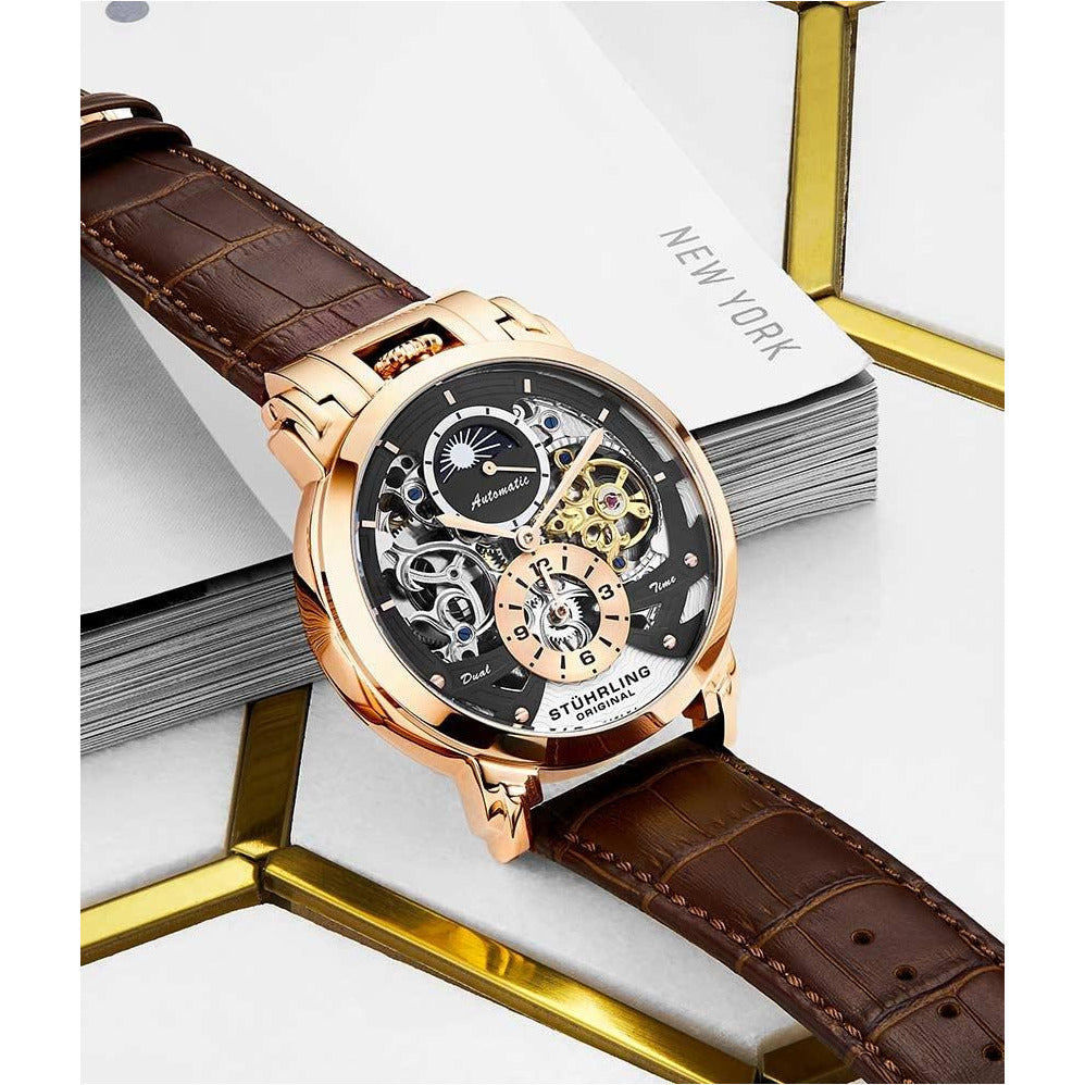 STUHRLING ORIGINAL Menai Automatic 47mm Skeleton Rose Gold Watch