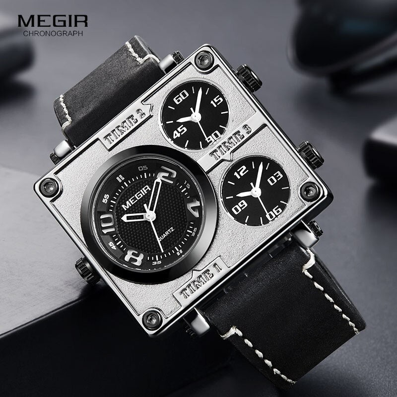 MEGIR Men's Pilot Big Tick Triple Time Zone 48mm Silver / Black Leather Watch