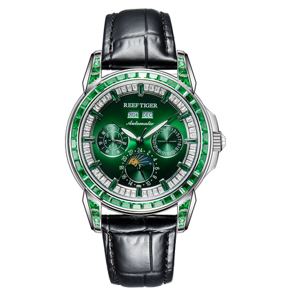 Reef Tiger Classic Philosopher Zirconia Bezel Multifunctional Mechanical Moon Phase Automatic Watch Green RGA1988 image 0