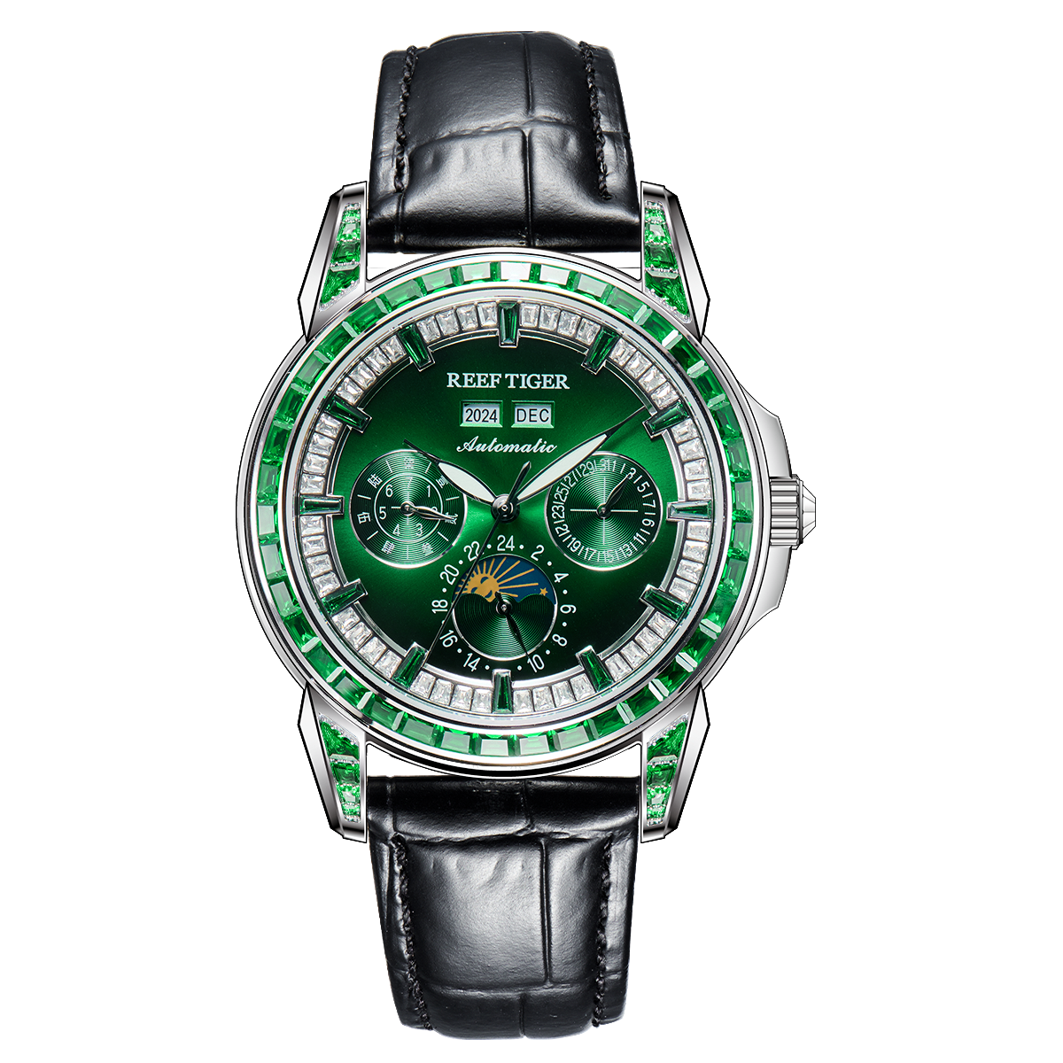 Reef Tiger Classic Philosopher Zirconia Bezel Multifunctional Mechanical Moon Phase Automatic Watch Green RGA1988 image 0