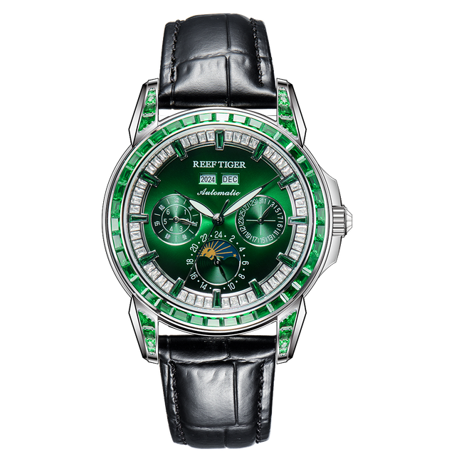 Reef Tiger Classic Philosopher Zirconia Bezel Multifunctional Mechanical Moon Phase Automatic Watch Green RGA1988 image 0