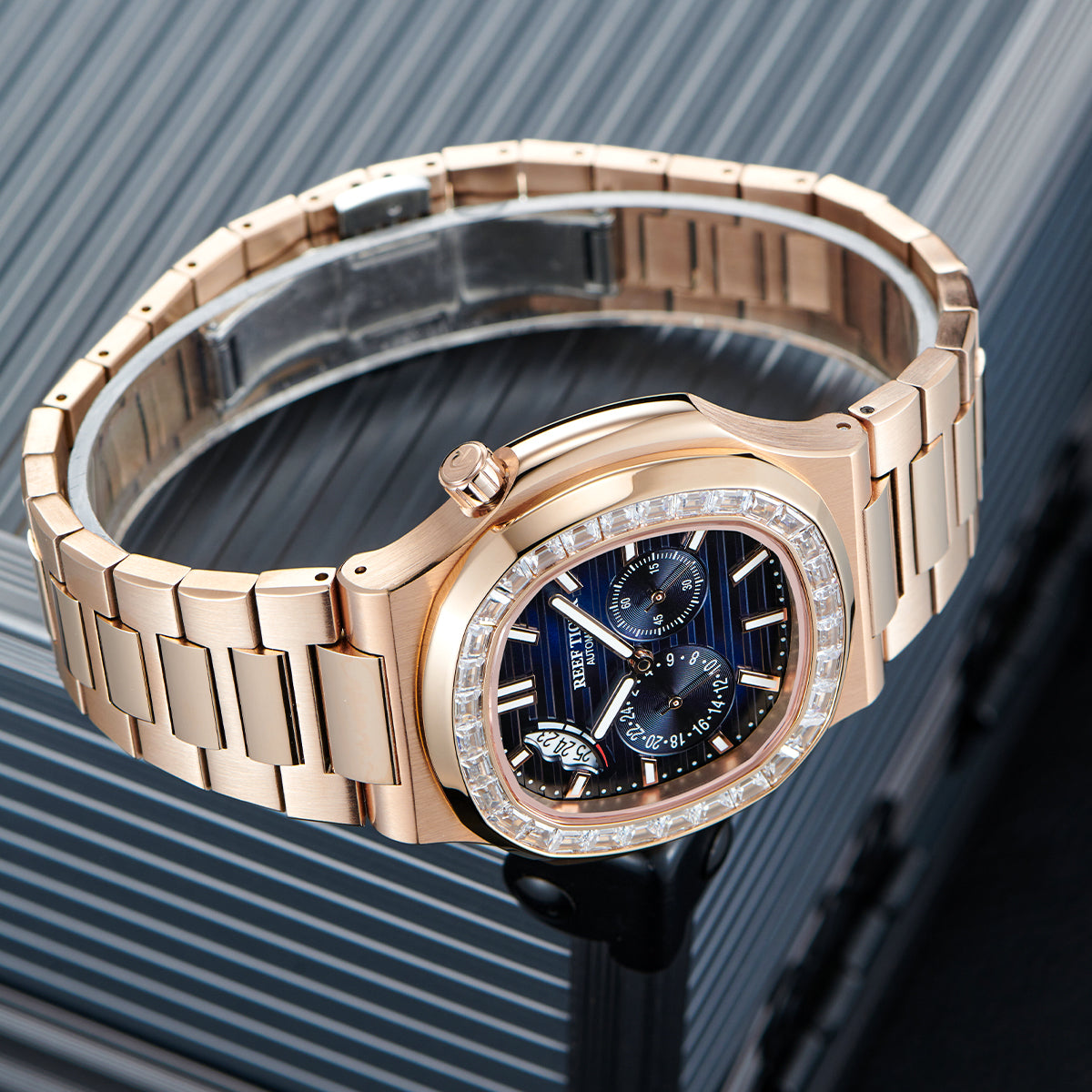 Reef Tiger Men's Peak 44mm Square Crystal Bezel Automatic Watch RGA2019 Rose Gold/Blue image 4