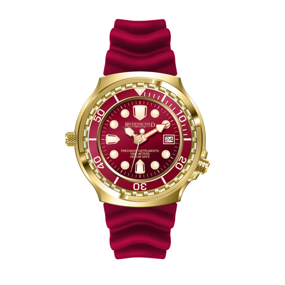 RIEDENSCHILD PRECISION INSRUMENTS GERMANY Divers Taucheruhr 1000m Helium Valve Watch Gold/Burgandy image 4