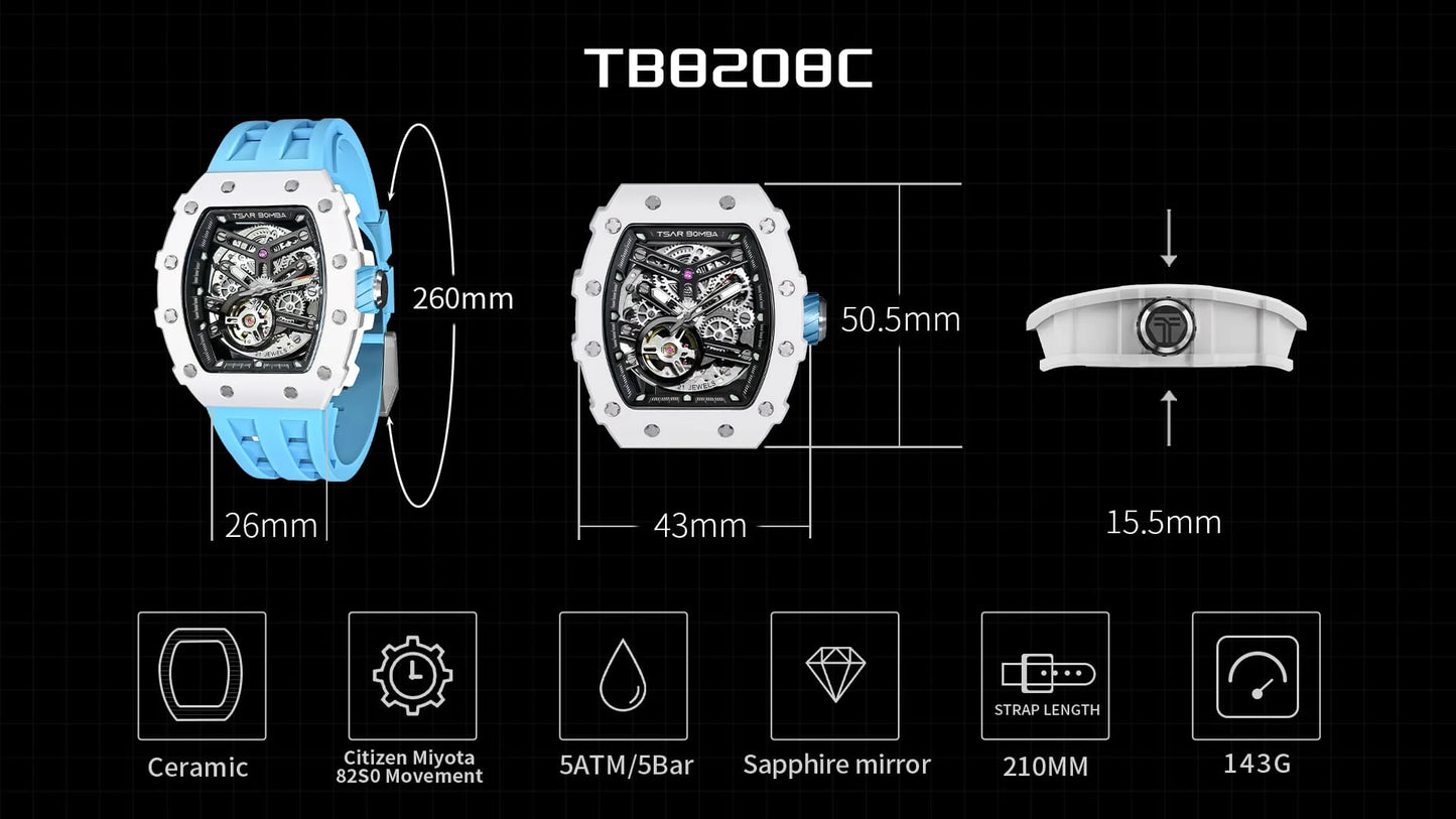 TSAR BOMBA Ceramic Automatic Waterproof Watch TB8208C White Black