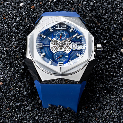 Reef Tiger Men's Black Shark Traveler Multifunctional Automatic Mechanical Dive Watch RGA6906 Blue image 1