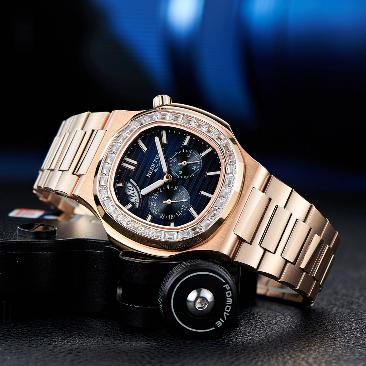 Reef Tiger Men's Peak 44mm Square Crystal Bezel Automatic Watch RGA2019 Rose Gold/Blue image 5