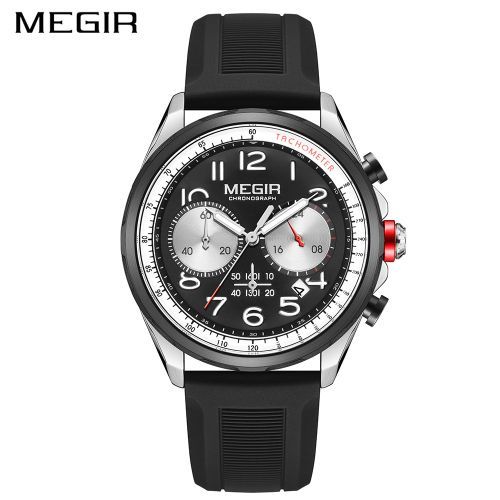 MEGIR Men's Pilot Q Chronograph Date 43mm Silicone Strap Watch Black