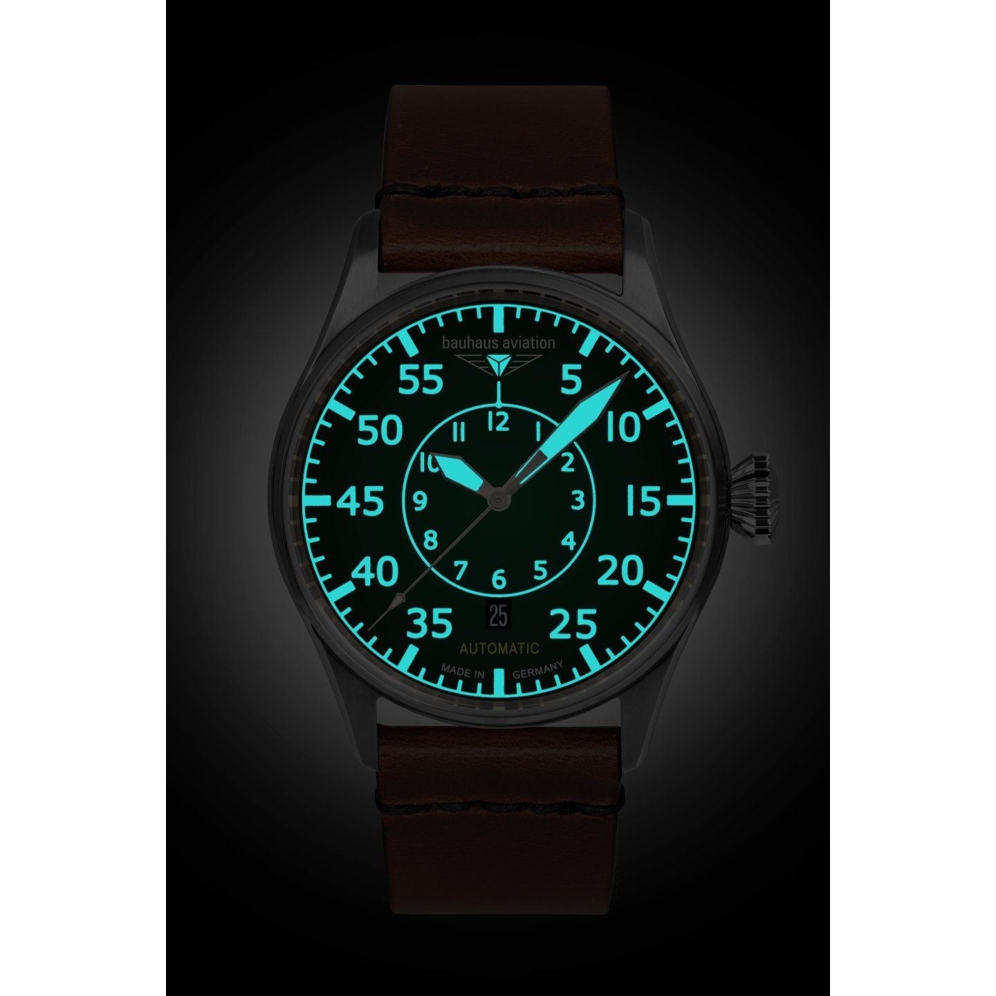 BAUHAUS AVIATION Men's Flight Control Automatic Night-Glow Leather Strap Watch 27564 image 3