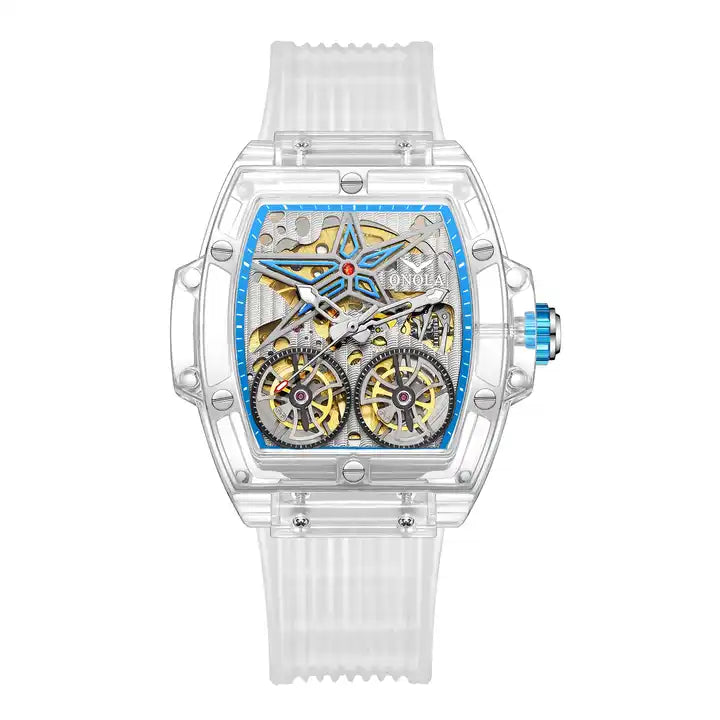 ONOLA Clear Series Plastic Transparent Maximus Double Barrel AUTOMATIC Watch - Clear / Baby Blue Trim image