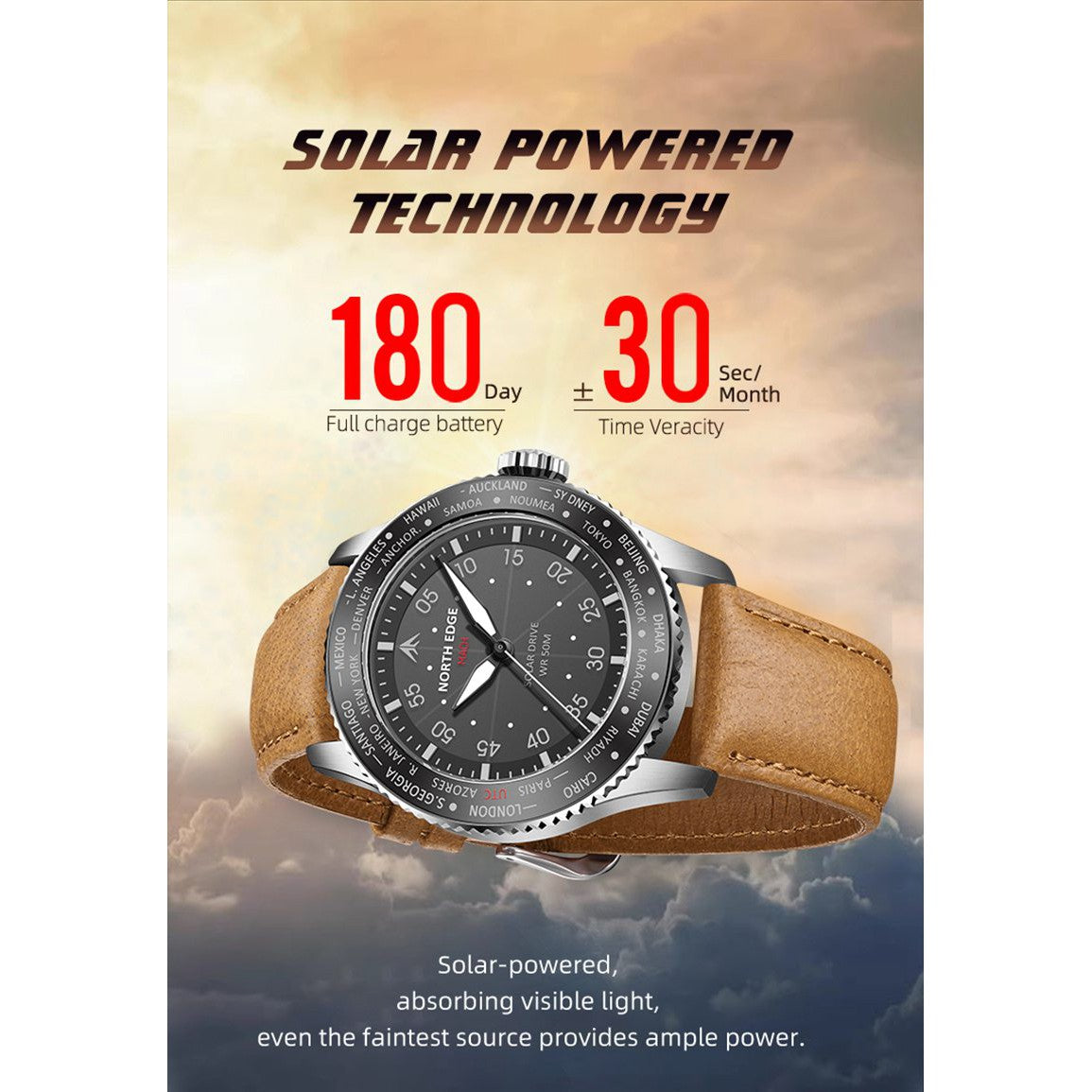 NORTH EDGE Tactical MACH Solar Drive Leather Watch