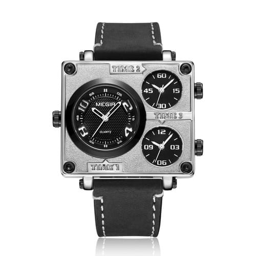 MEGIR Men's Pilot Big Tick Triple Time Zone 48mm Silver / Black Leather Watch