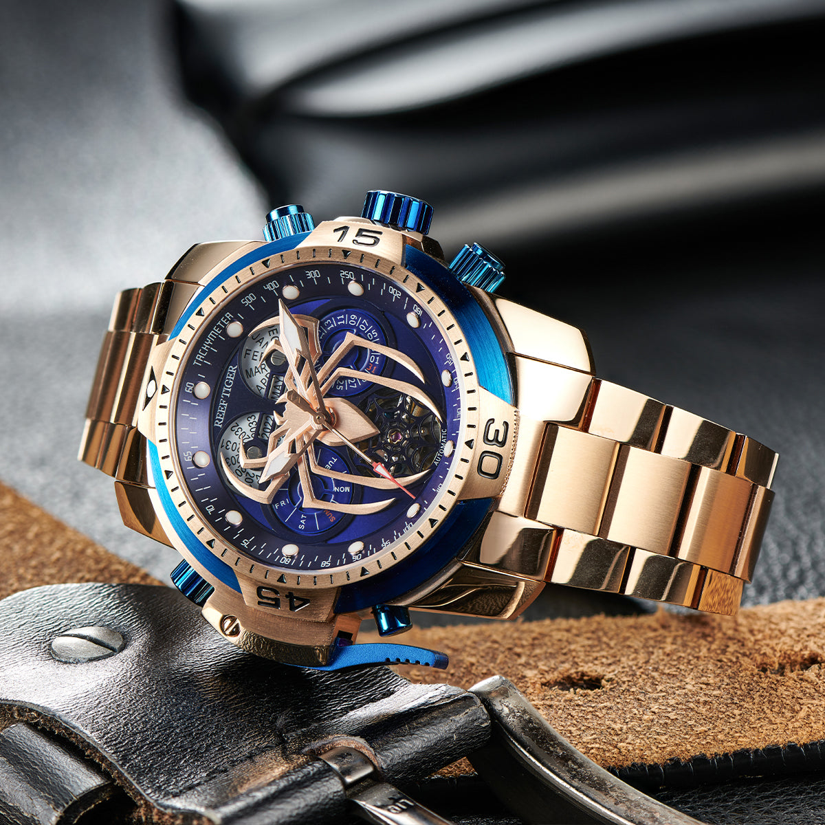 Reef Tiger Men's Aurora Spider Automatic Chronograph Watch Rose Gold/Blue image 9