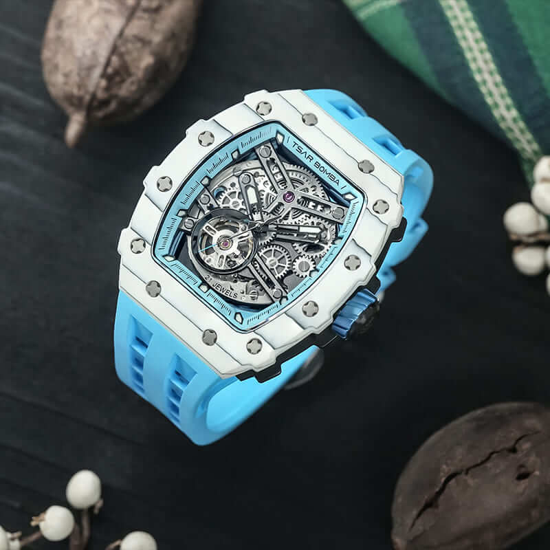 TSAR BOMBA Carbon Fiber Men's Automatic Watch TB8208CFN Striated White / Baby Blue