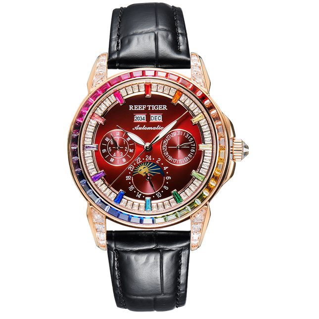 Reef Tiger Classic Philosopher Zirconia Bezel Multifunctional Mechanical Moon Phase Automatic Watch Rose Gold/Burgandy RGA1988 image 0