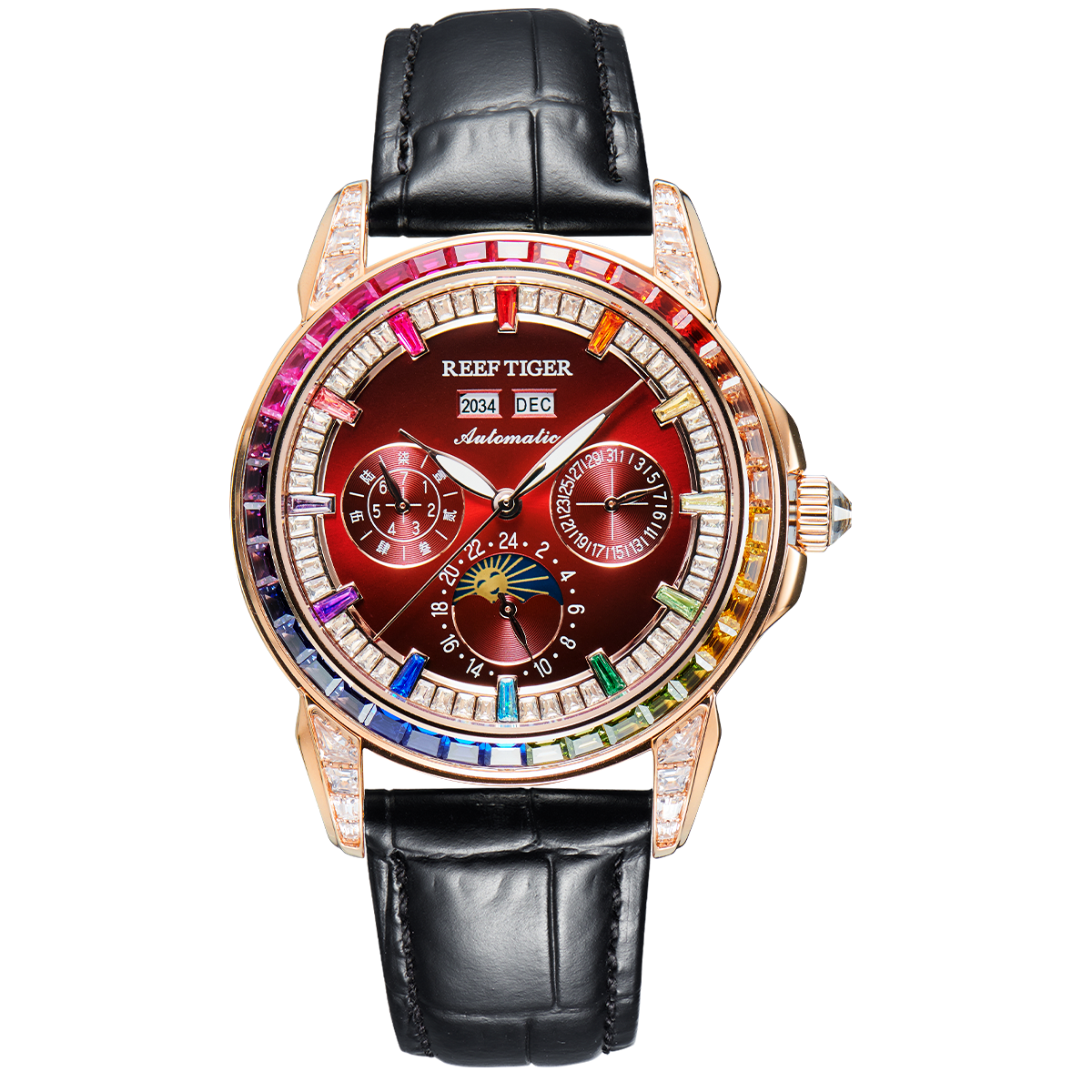 Reef Tiger Classic Philosopher Zirconia Bezel Multifunctional Mechanical Moon Phase Automatic Watch Rose Gold/Burgandy RGA1988 image 0