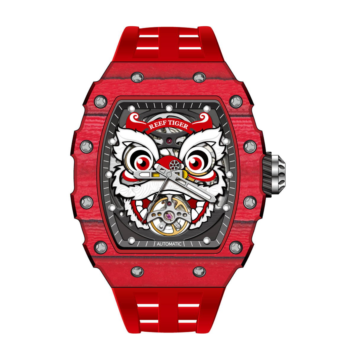 Reef Tiger Men's Chinese Lion Dance Automatic Skeleton Watch RGA3009 Red image 3