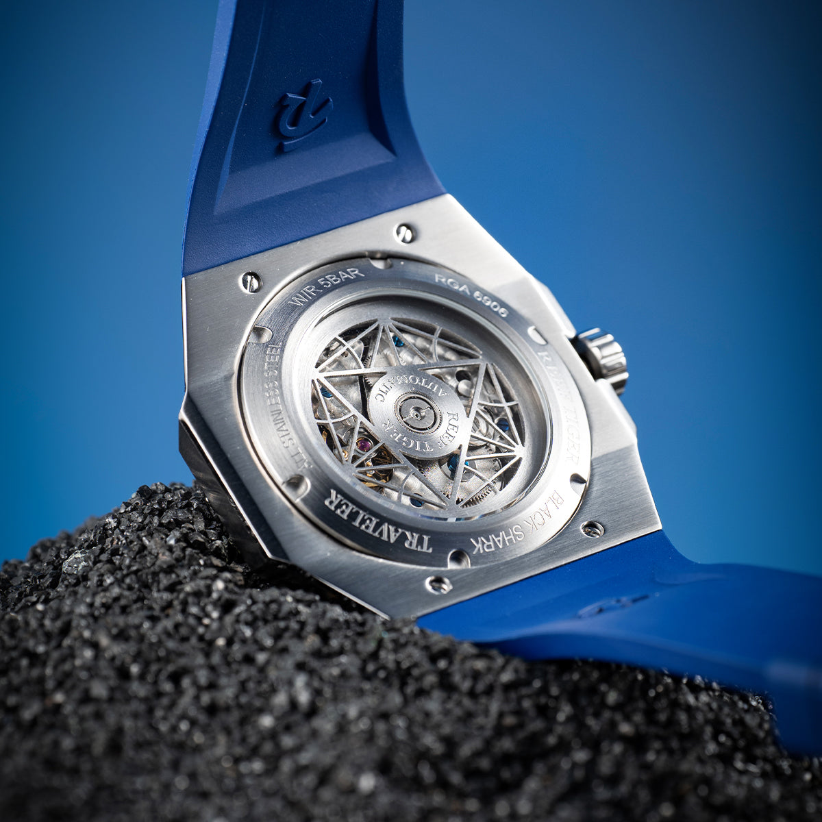 Reef Tiger Men's Black Shark Traveler Multifunctional Automatic Mechanical Dive Watch RGA6906 Blue image 6