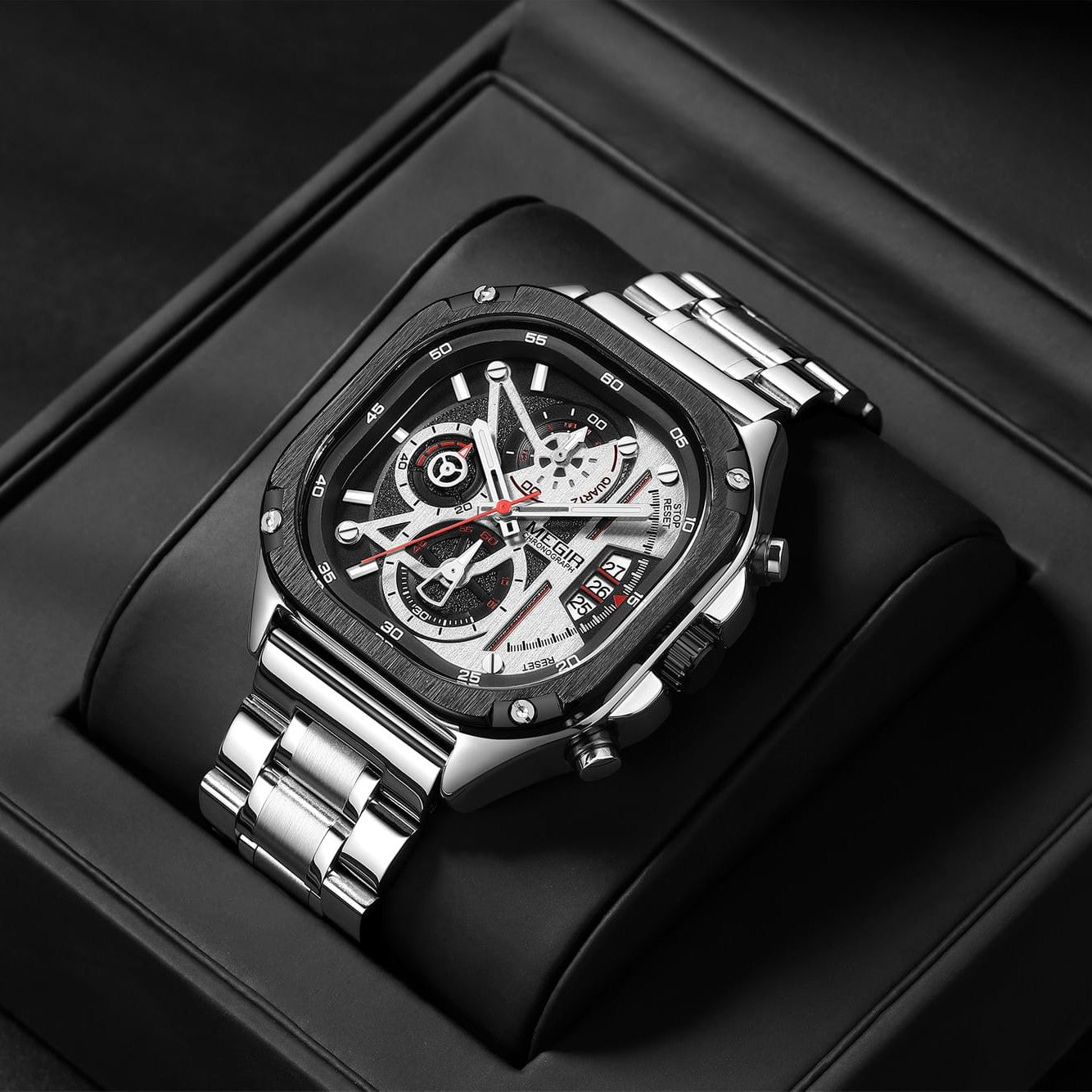 MEGIR Men's SQUARE-X Chronograph Silver / Black Watch