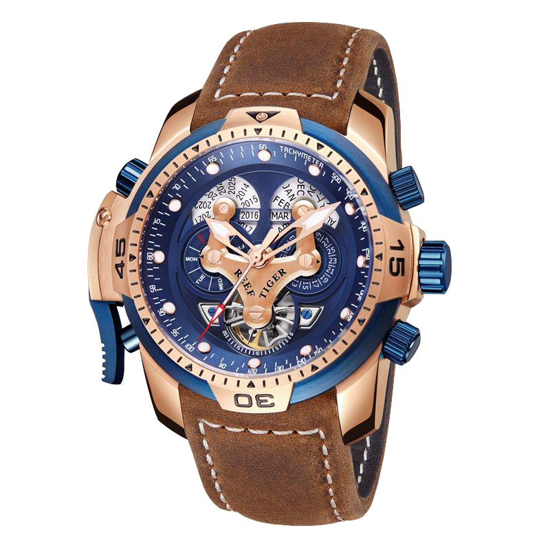 Reef Tiger Aurora Concept Luxury Skeleton Men's Automatic Rose Gold Watches for Men - Leather image